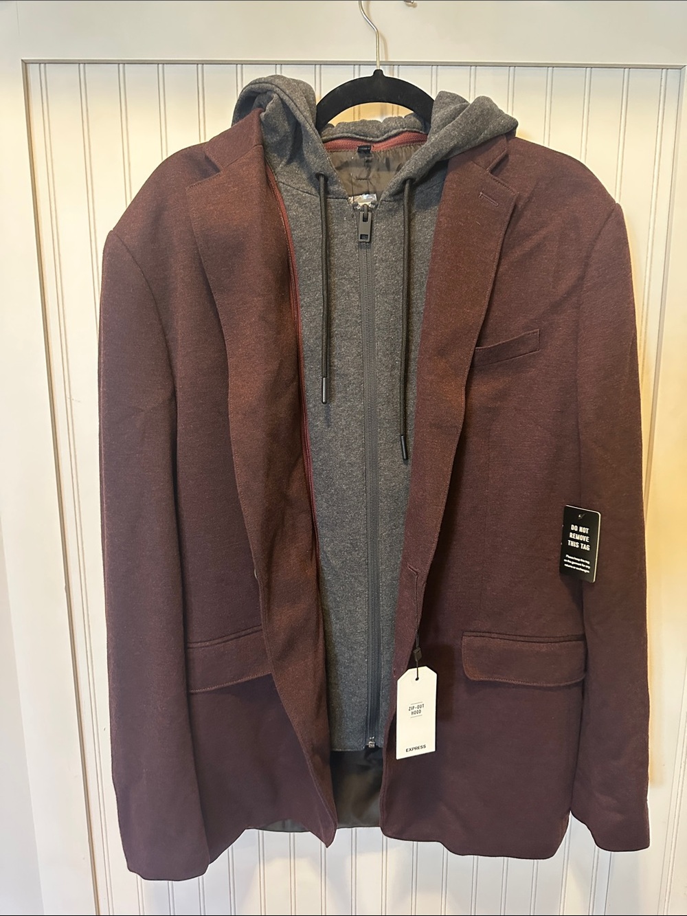 Express Men's Burgundy Blazer with Grey Hooded Liner Jacket